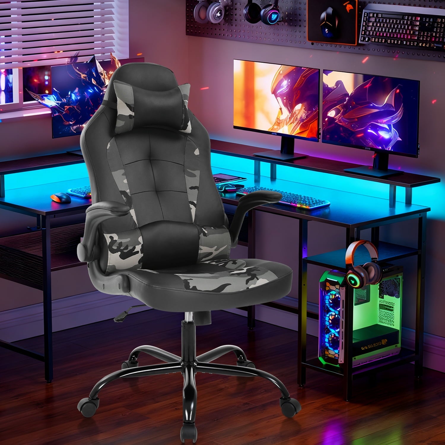 NiamVelo Leather Gaming Chair Ergonomic Video Game Chairs with Flip up Arms, Adjustable Rolling Swivel Chair for Adult Teen, White