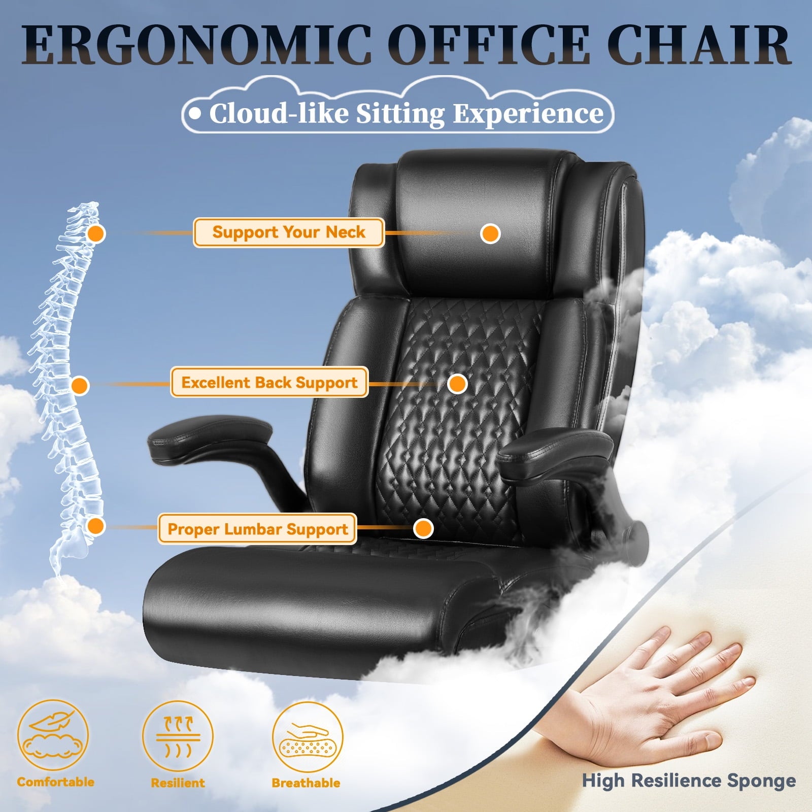 Bossin Big and Tall Executive Office Chair 400lbs with Flip-up Arms for Adult, Ergonomic High Back Lumber Support Adjustable Computer Desk Chair